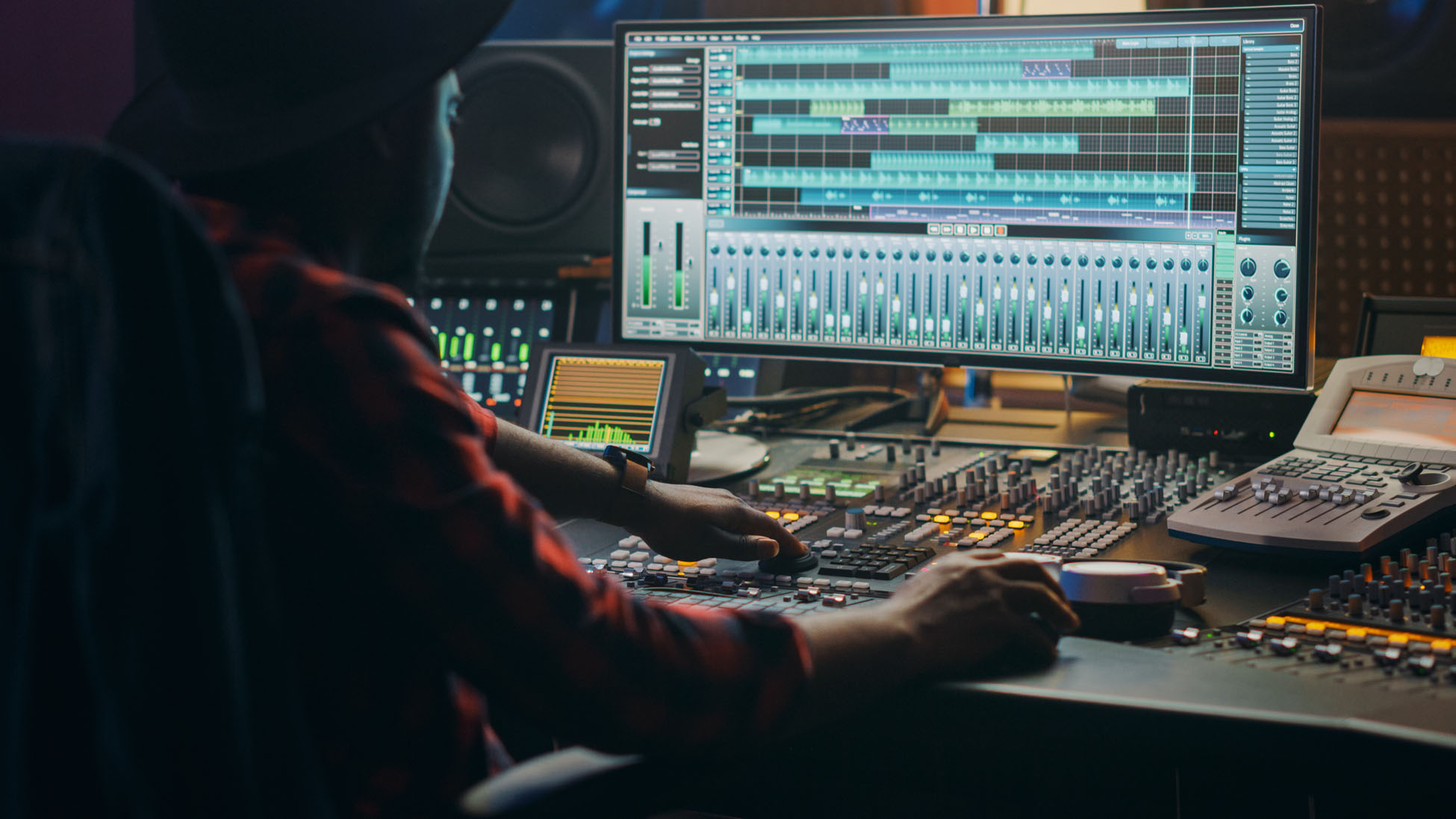 Music Creator, Musician, Artist Works in the Music Record Studio, Uses Surface Control Desk Equalizer Mixer. Buttons, Faders, Sliders to Broadcast, Record, Play Hit Song. Close-up Shot